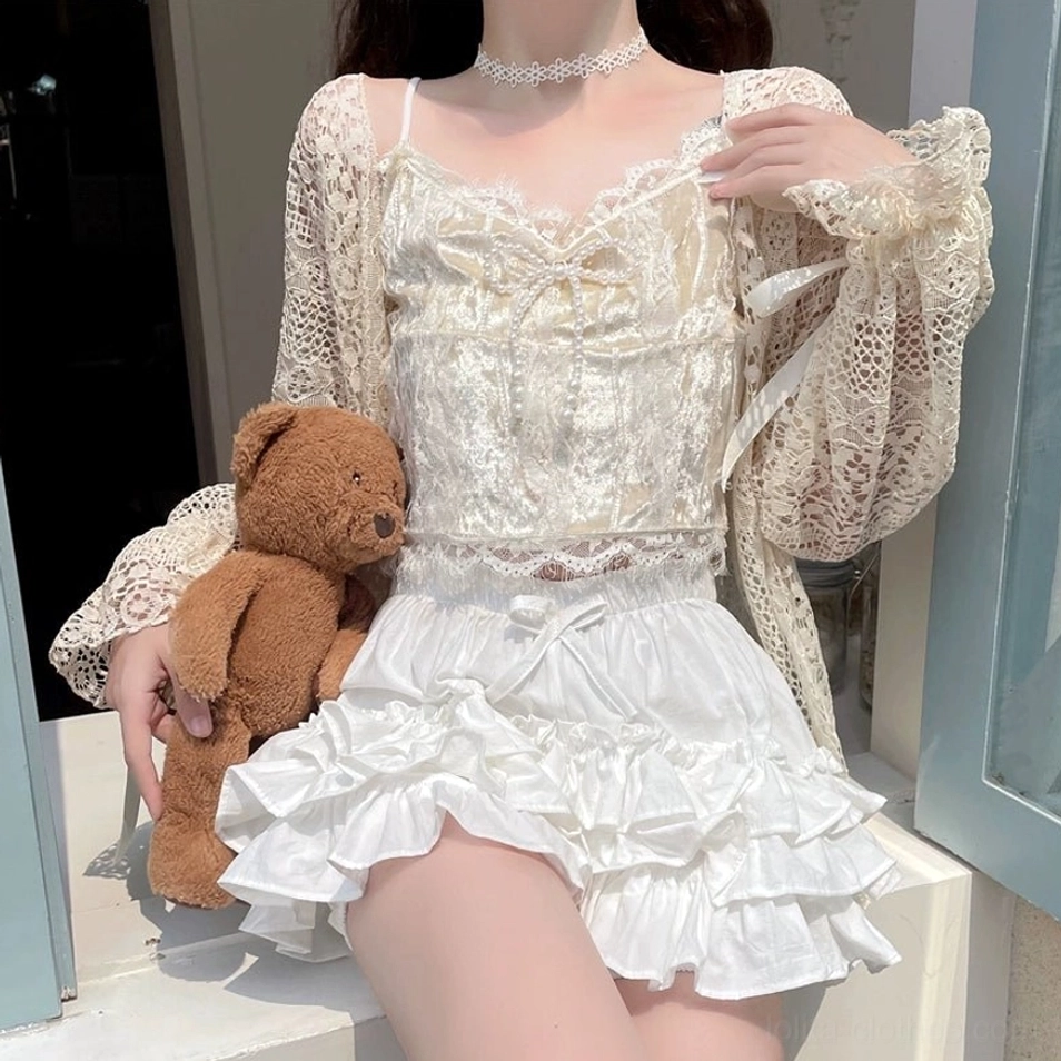 White ruffle anti-exposure shorts model wearing outdoor setting comfort fit practical lolita fashion everyday activities garden