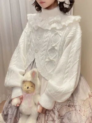 White Ruffle Cardigan Sweet Lolita Knit with Lantern Sleeves Front Upper Body Close-up View Worn with Animal Print Skirt