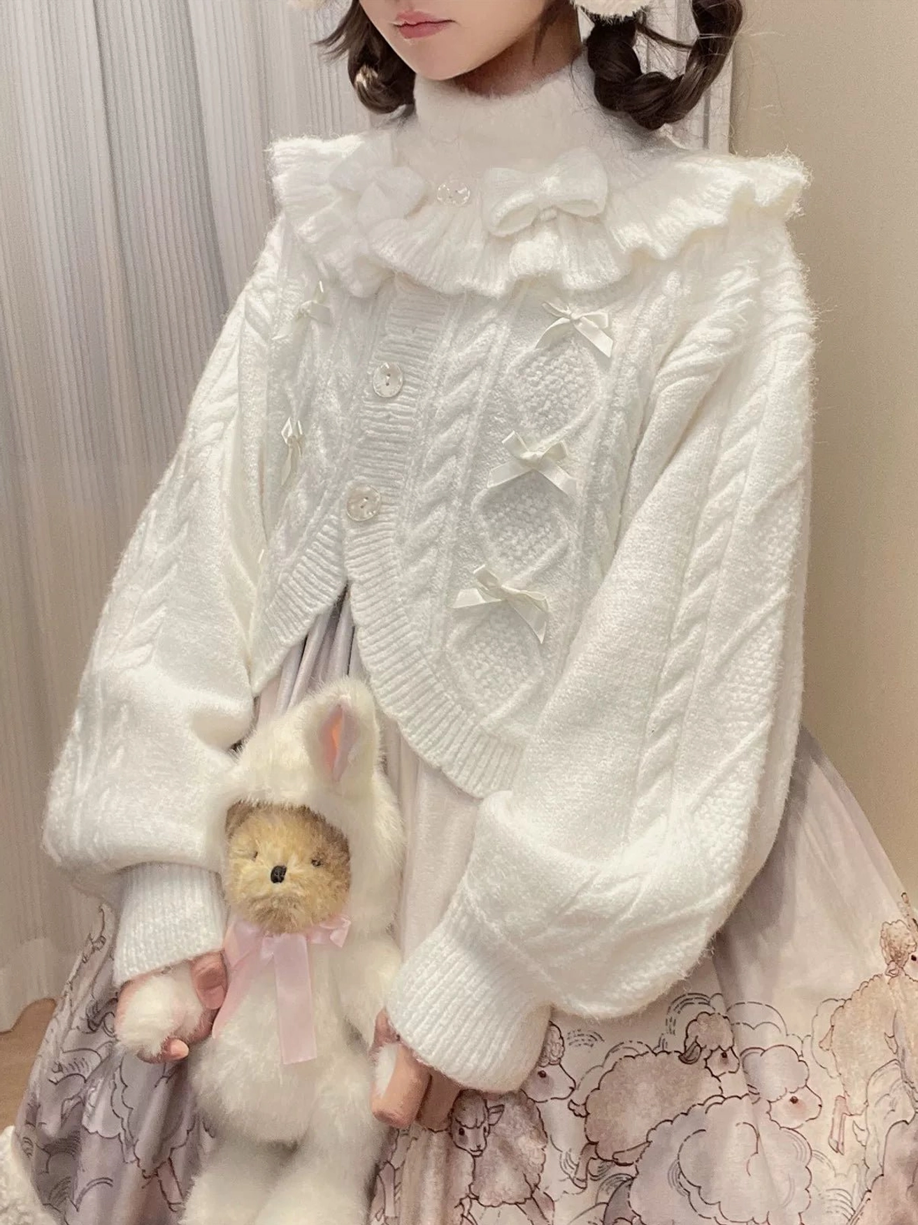 White Ruffle Cardigan Sweet Lolita Knit with Lantern Sleeves Front Upper Body Close-up View Worn with Animal Print Skirt
