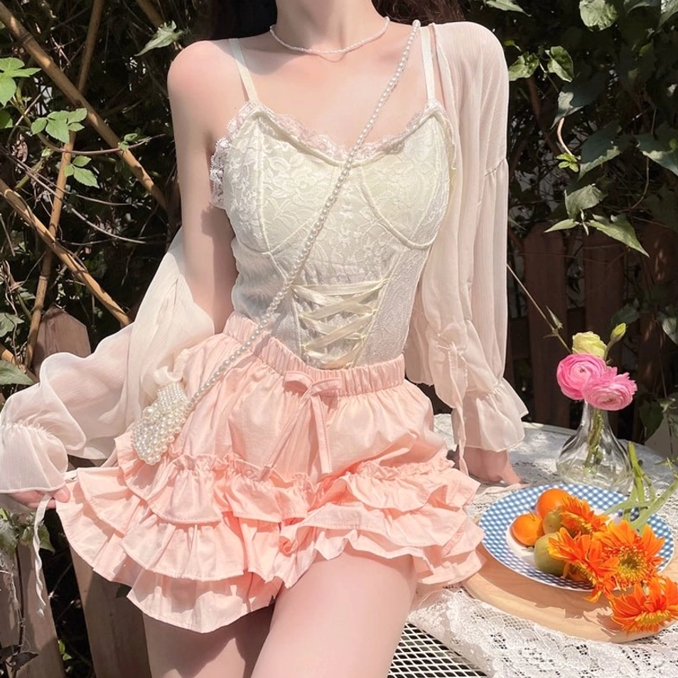 White ruffle safety bloomers anti-exposure shorts tiered hem drawstring waist classic sweet lolita fashion coordinate foundation piece