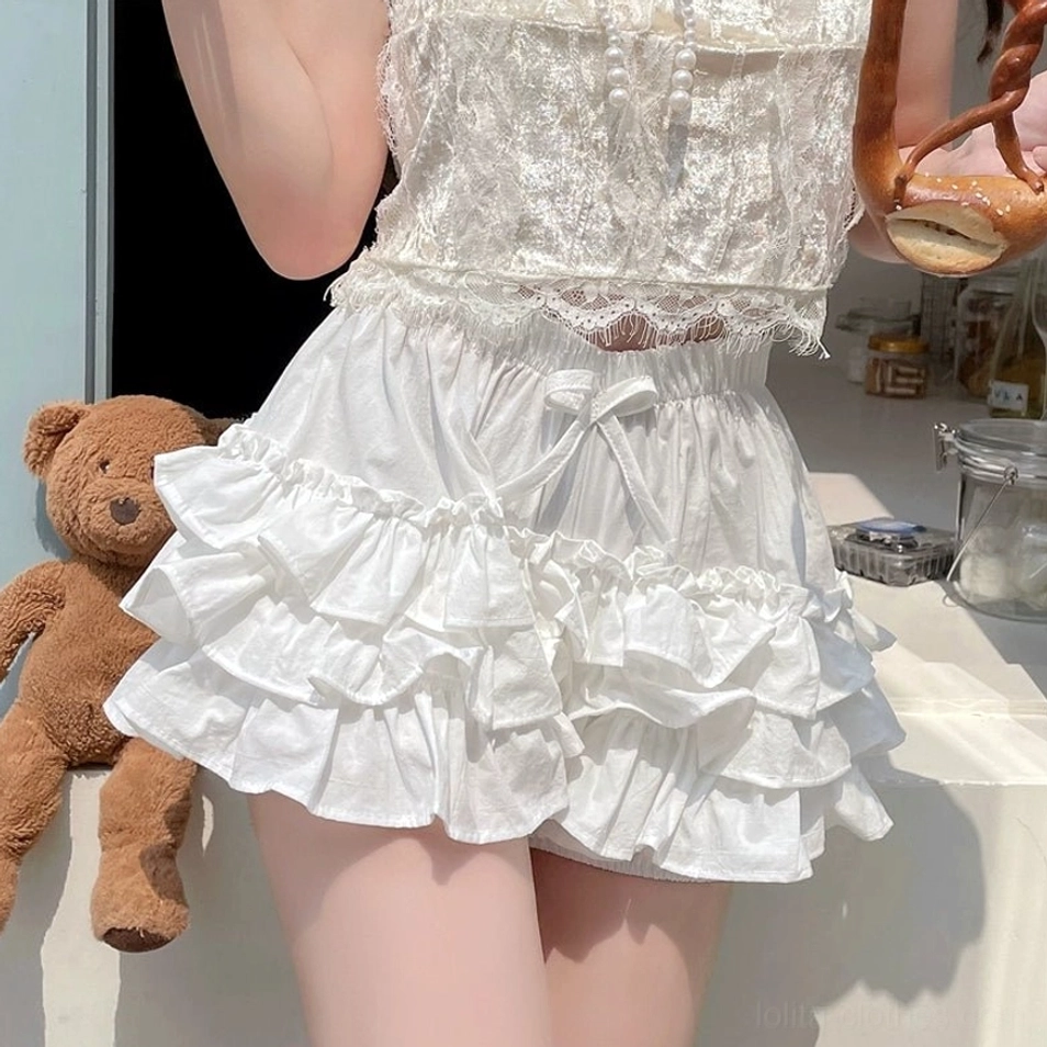 White ruffle safety shorts anti-exposure design lolita street style fashion everyday wear versatile foundation piece wardrobe essential