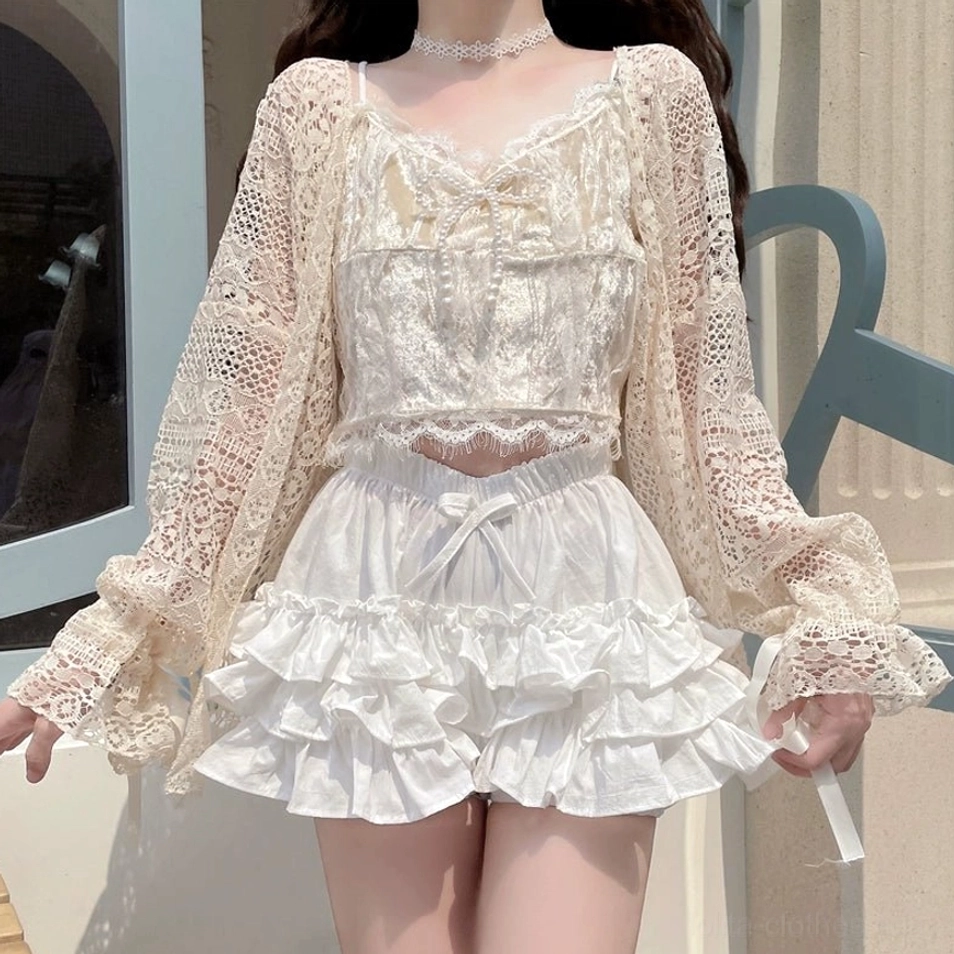 White ruffle safety shorts anti-exposure design polished seams finished edges quality construction details craftsmanship excellence