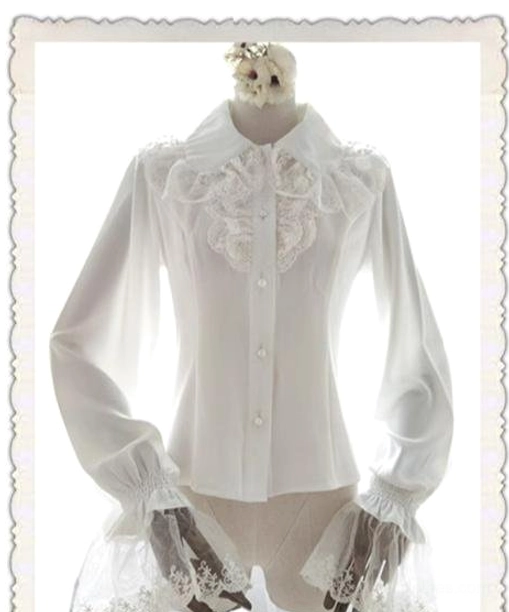 White classic Lolita chiffon blouse with delicate lace accents, pearl-style buttons, and layered bell cuffs, shown on decorated dress form displaying romantic vintage silhouette