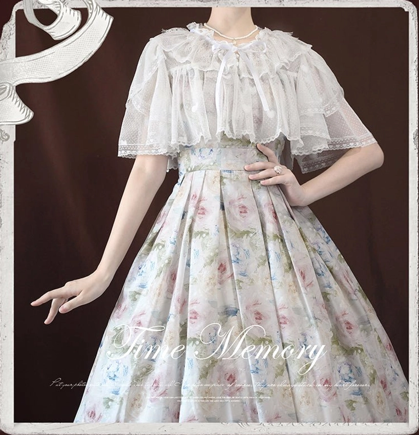 White ruffled lace sweet lolita cardigan with heart-shaped button details and ribbon accent three-quarter view