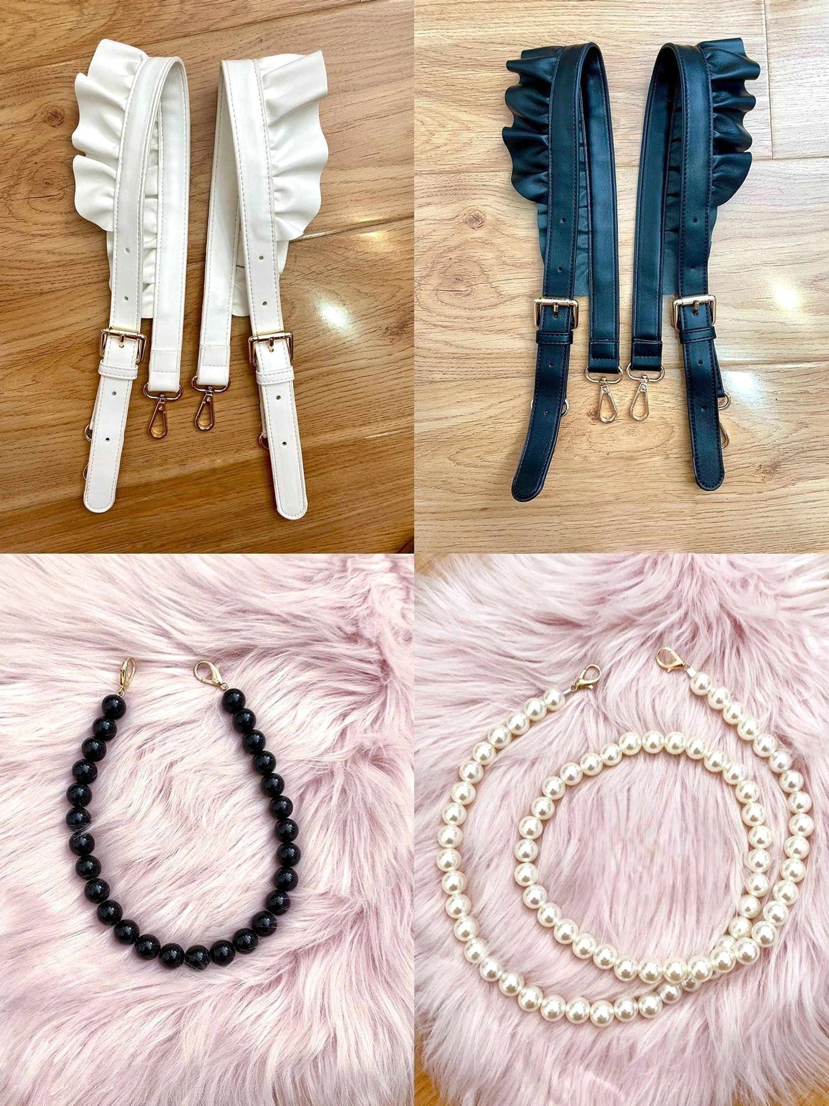 Top-down flat lay of white ruffled PU faux leather bag shoulder strap featuring decorative ruffled edge trim and gold-tone metal hardware on wooden floor background