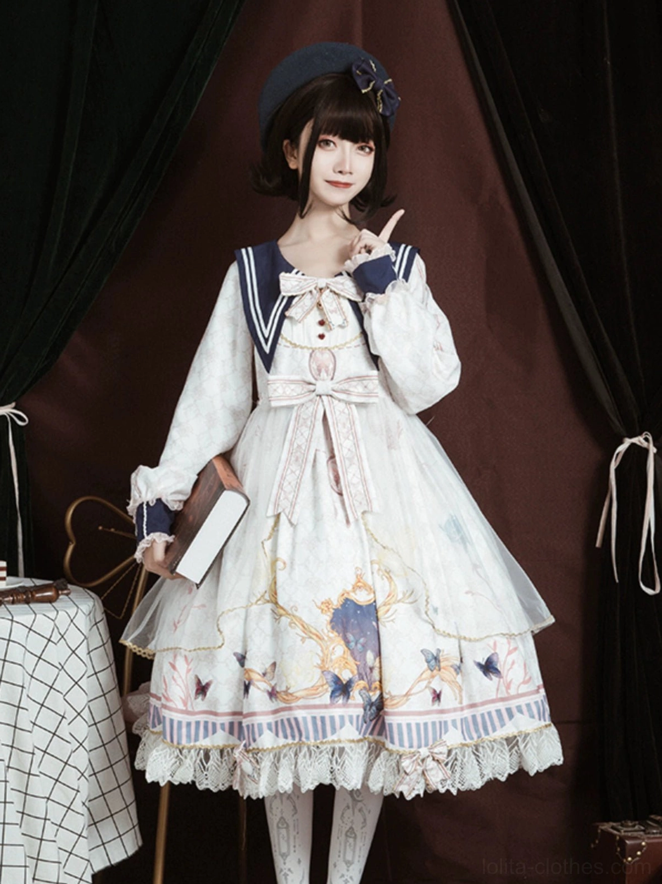 White sailor collar lolita one-piece dress detail showcase color option, gold-trimmed sailor collar, white base fabric, baroque royal print, detachable waist belt, lace trim accents