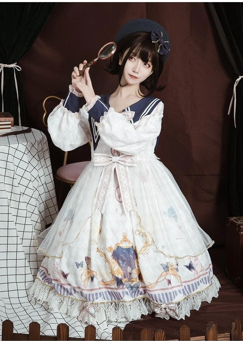 White sailor collar lolita one-piece dress front full-body portrait on model with dark curly hair and black beret, white base fabric, gold-trimmed sailor collar, big white bow at waist and collar, lace ruffled skirt hem, royal print, holding magnifying glass