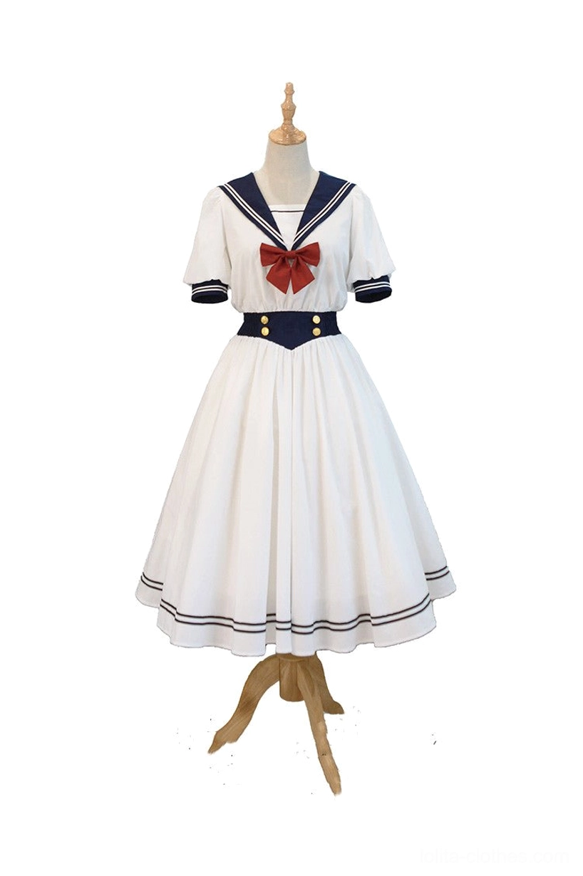 White sailor lolita OP dress full ensemble front standing posture showing complete silhouette high waisted A-line midi skirt classic lolita proportions