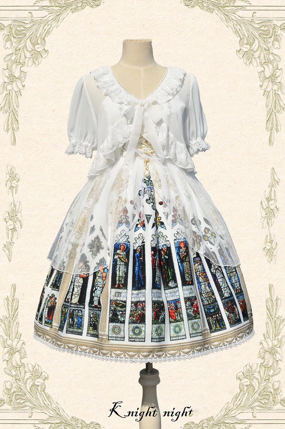 White Saint Priest Lolita JSK coordinate with simple square neck bolero, front bow, spaghetti strap jumper skirt, full church stained glass print, and lace hem edge
