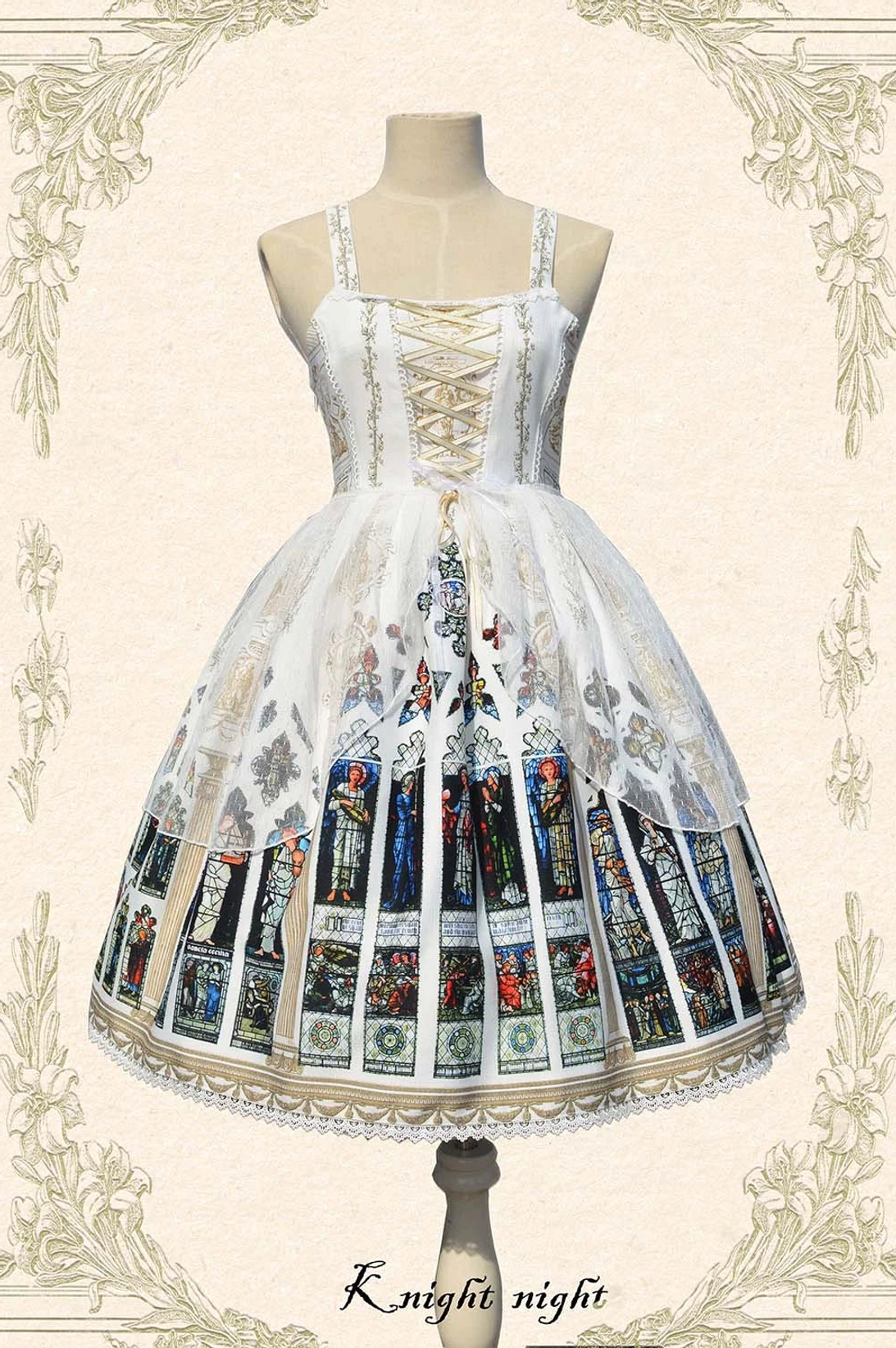 Three-quarter front view of White Saint Priest Lolita JSK with spaghetti straps, front lace-up bodice, full church stained glass print skirt, and dual-tone lace hem trim