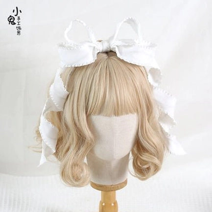 Pure white wide satin bowknot Lolita KC hair accessory with wavy ribbon edges classic neutral headpiece