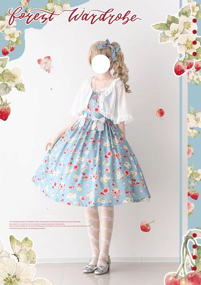 Full Lolita coordinate on model showing sheer white ruffled cropped cardigan layered over blue floral suspender dress, forest wardrobe themed background, classic sweet Lolita silhouette