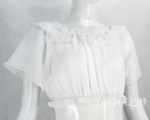Pure white sheer chiffon daily lolita cropped blouse featuring delicate flutter sleeves and off-shoulder ruffled design, mannequin display