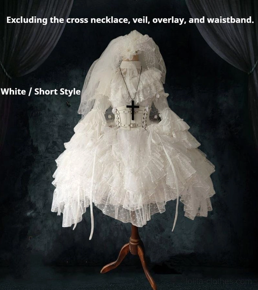 White Short Style Gothic Wedding Lolita OP Dress front display without accessories on mannequin against dark curtain studio background