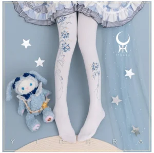 White silk Lolita pantyhose featuring blue floral vine print detail on model's lower legs with blue-white Lolita skirt and bunny plush toy