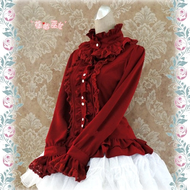 White silk Lolita stand collar blouse front full view ethereal elegant design with ruffled collar and pearl button placket