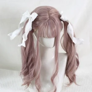 White spiral bowknot twin tail lolita hair clips worn on pink wavy wig mannequin showcasing sweet lolita headdress style with extended ribbon tails