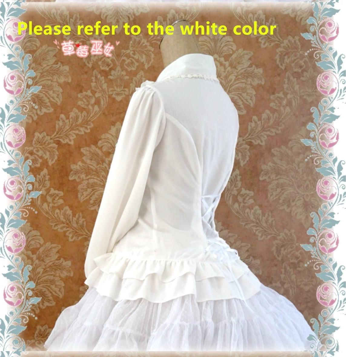 Custom size white silk stand collar Lolita blouse with adjustable lace-up back for personalized fit elegant ruffled design