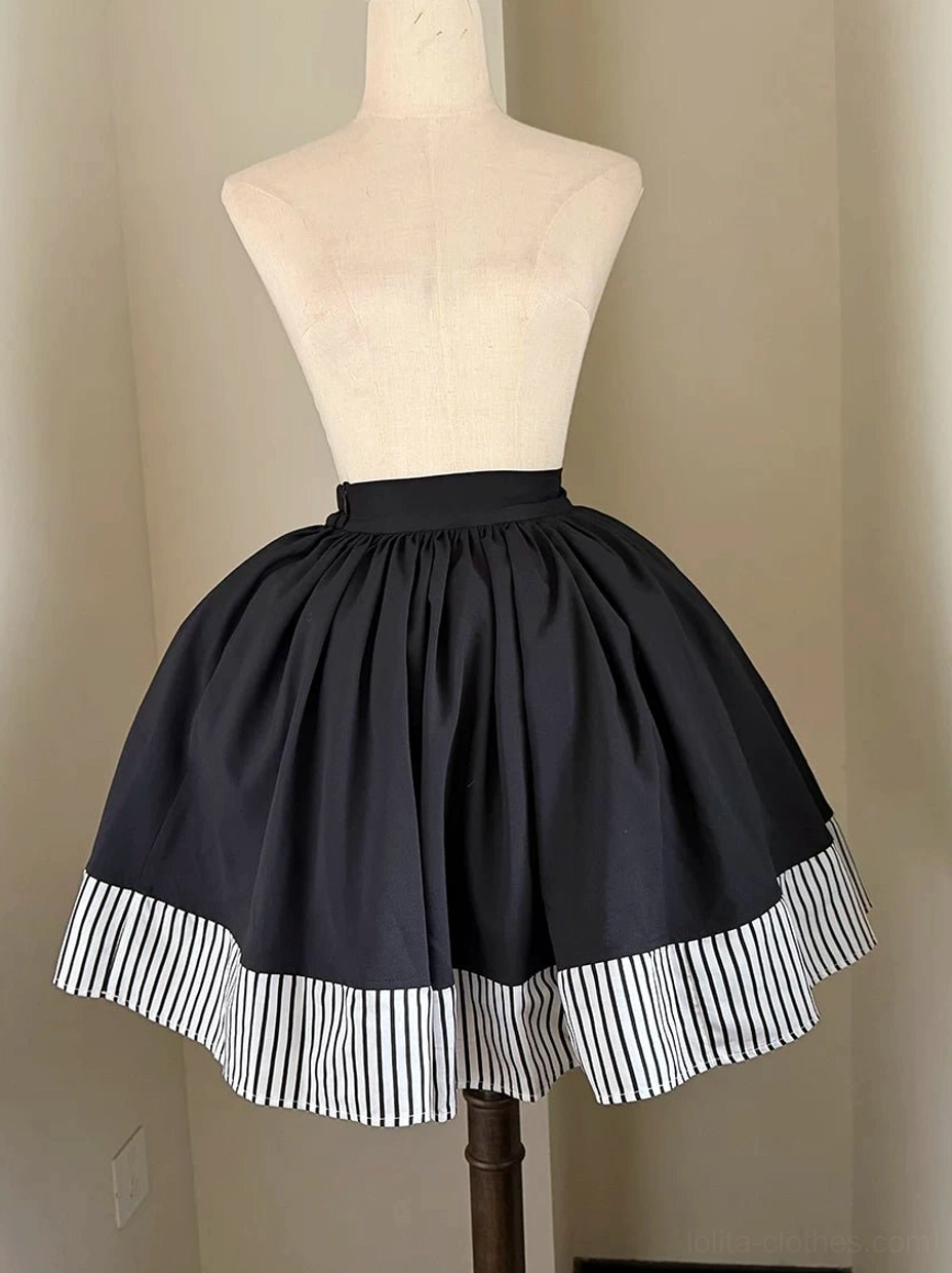 White stripe lolita skirt front view dress form high-waisted pleated full skirt with contrasting striped hem detail clean aesthetic