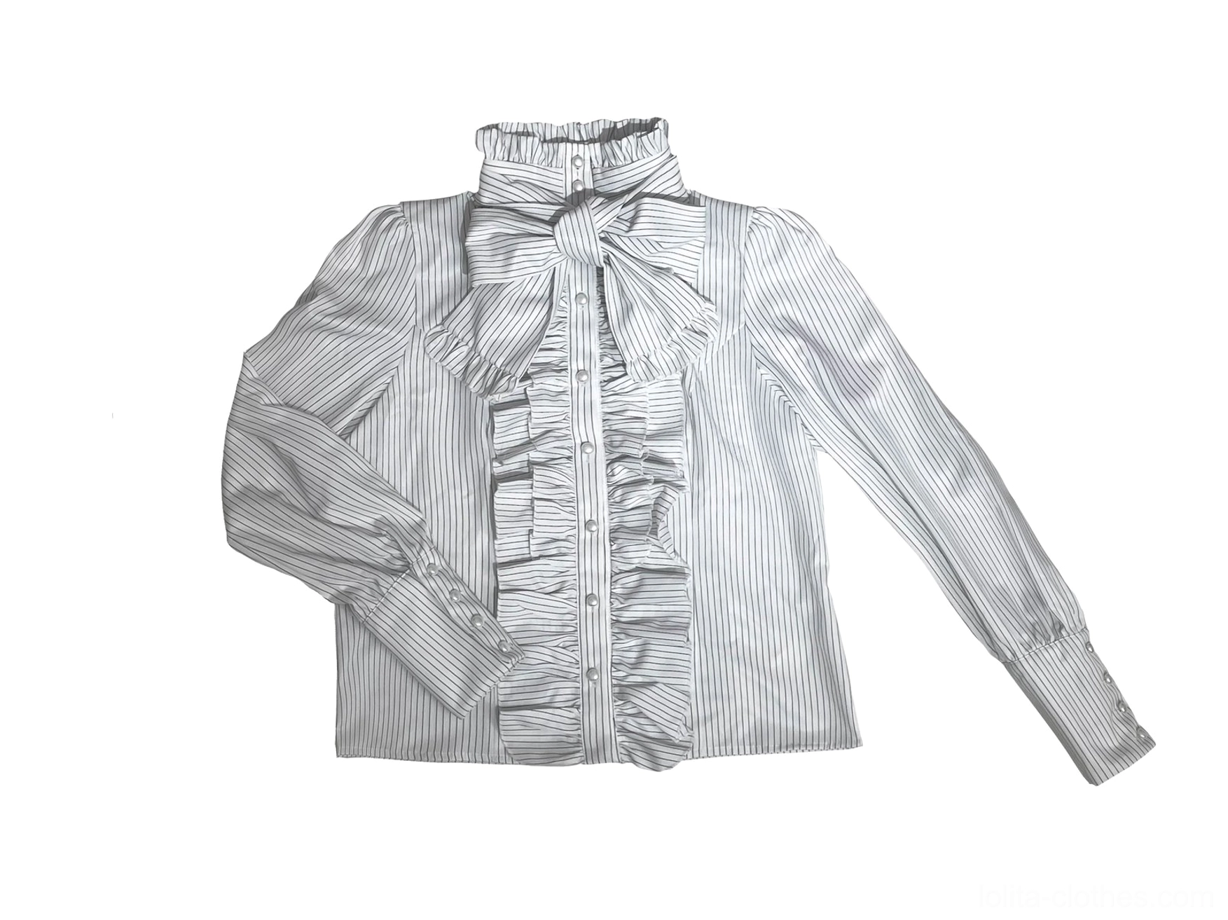 White striped gothic lolita blouse separate piece featuring semi-high collar, layered ruffles, faux pearl buttons, bow detail, and long fitted sleeves with ruffled cuffs