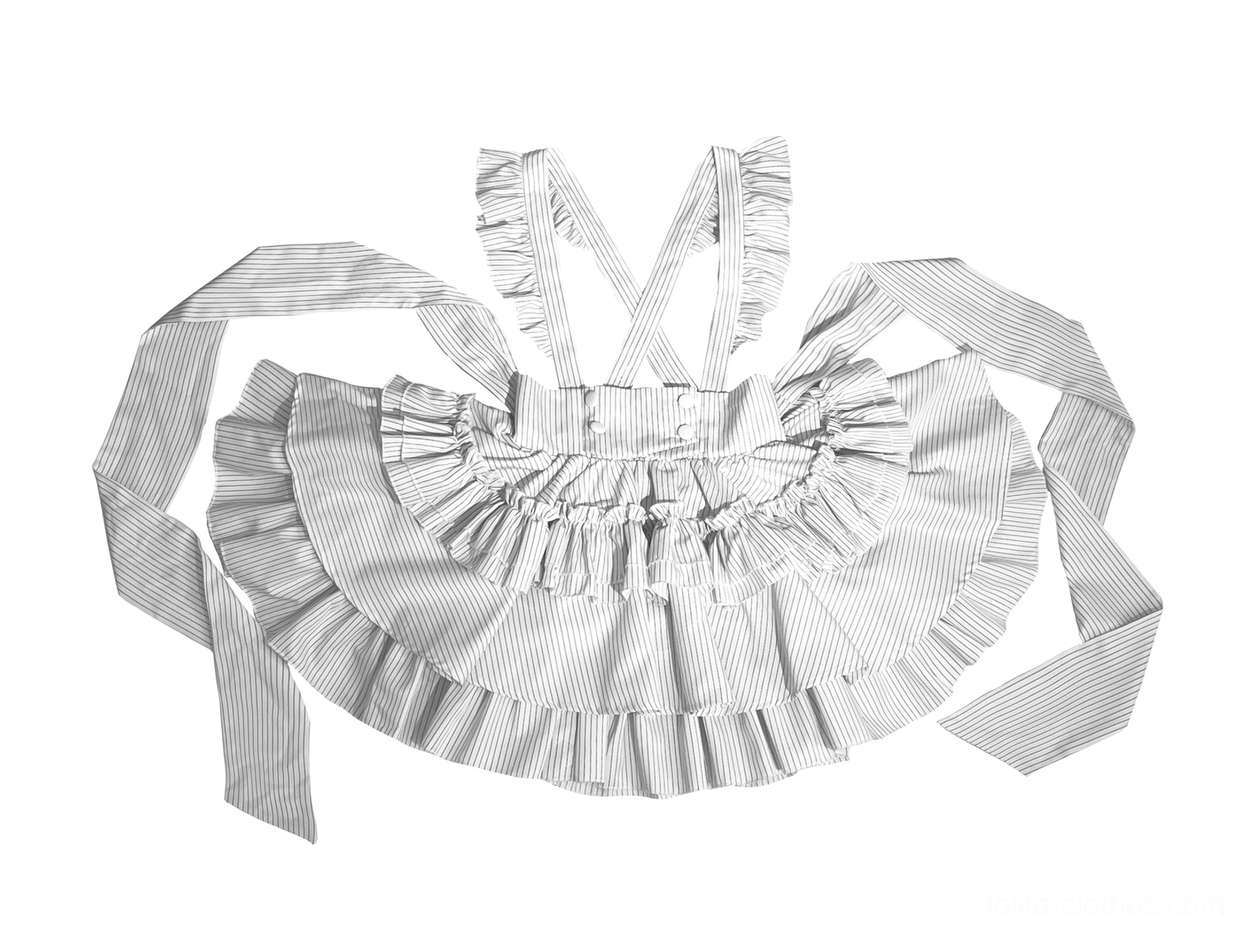 White striped gothic lolita tiered skirt individual piece showcasing multi-layered ruffles, mini length silhouette, back zipper closure, and elastic waistband comfort features