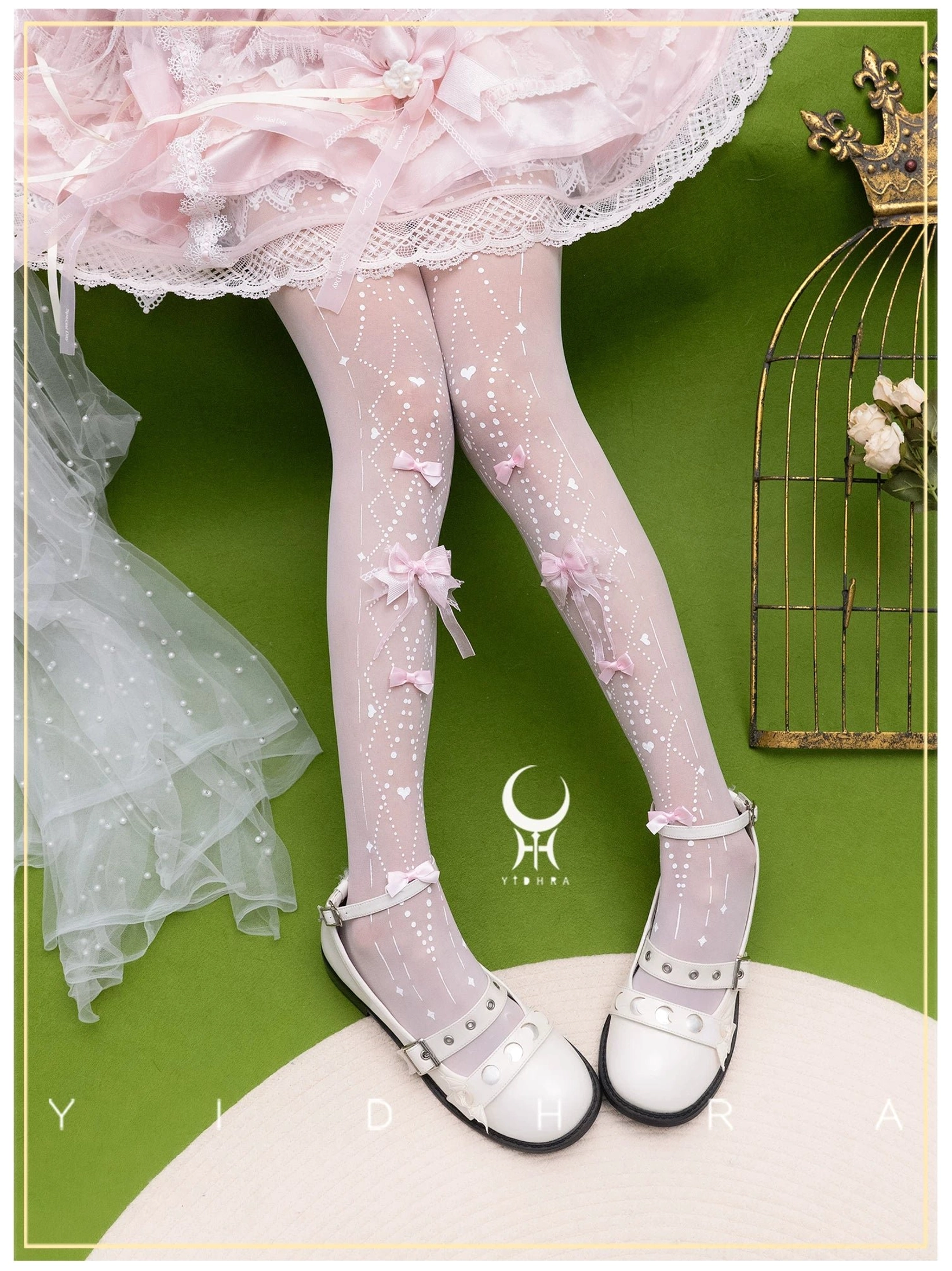 White sweet Lolita argyle tights with cute pink satin bows and subtle heart dots with argyle lines paired with pink ruffled Lolita skirt white Mary Jane shoes and tulle decoration