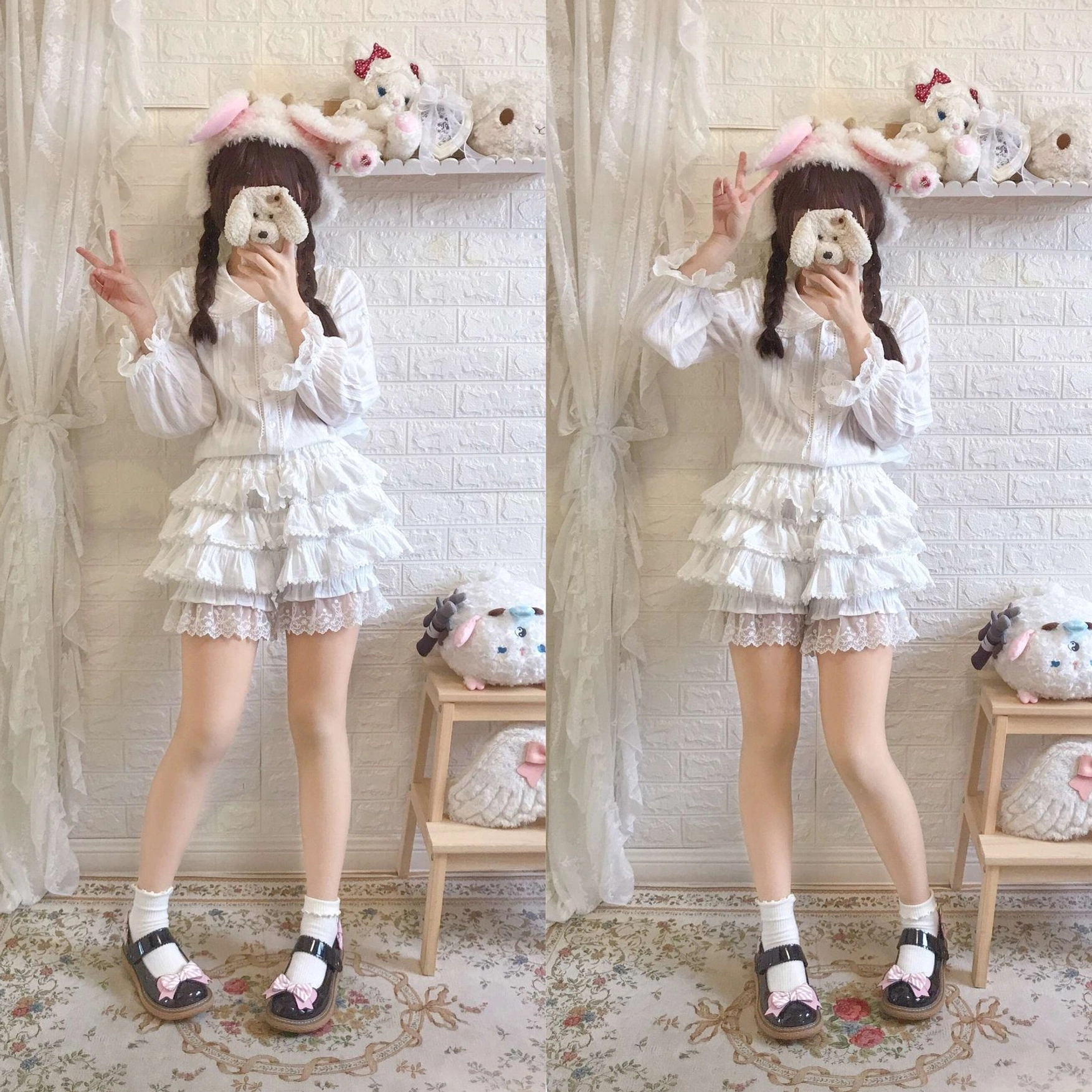 White lolita bloomer shorts in dual full-body indoor studio shot with model wearing sweet lolita style twin braids, white socks, and Mary Jane shoes for classic aesthetic