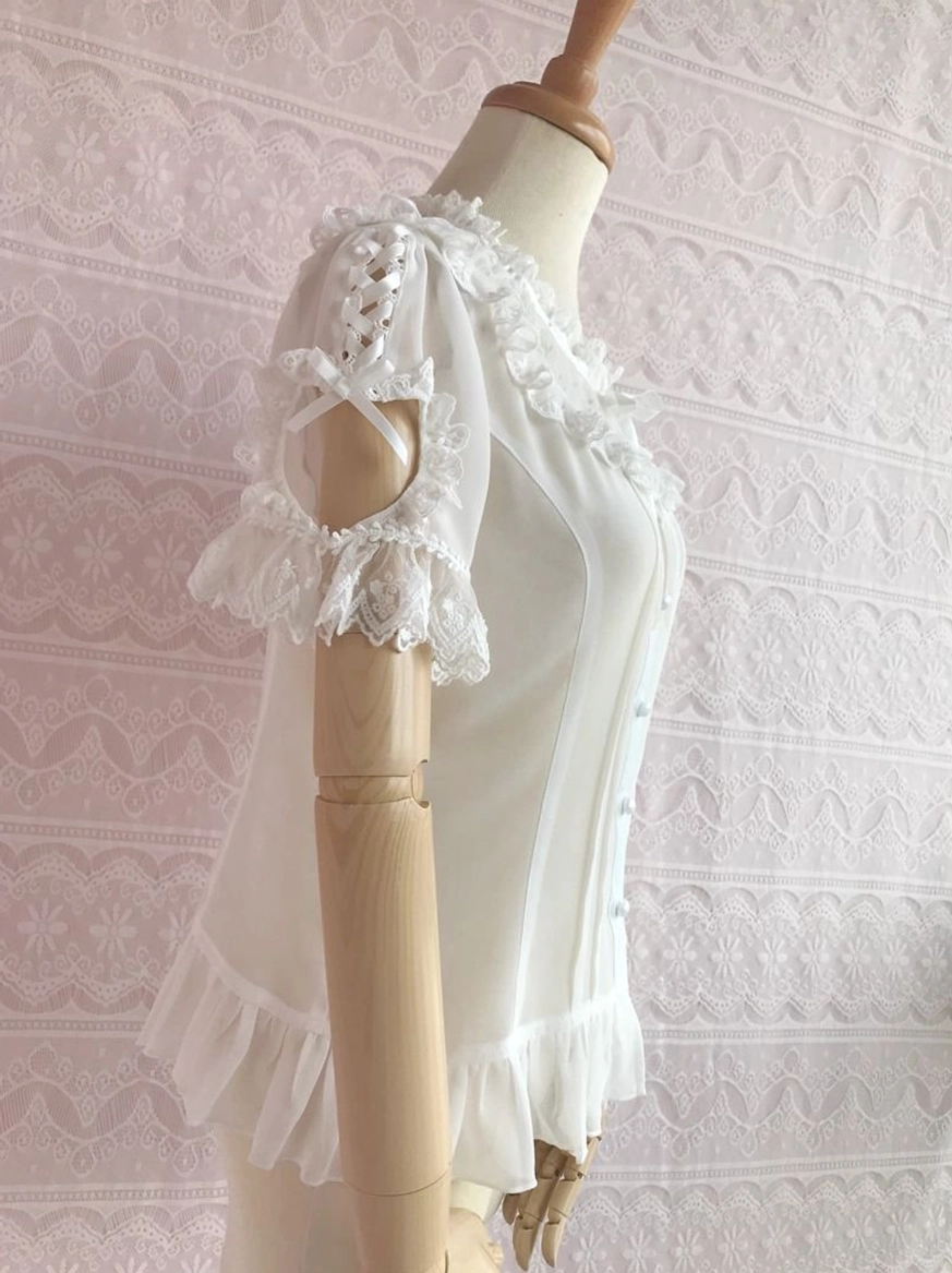 White sweet lolita puff sleeve blouse back view display mannequin lace trimmed sleeves ribbon lace up fitted