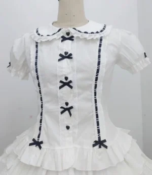White Sweet Lolita Blouse with Navy Blue Ribbon Trim and Bow Accents Puffed Sleeves Peter Pan Collar