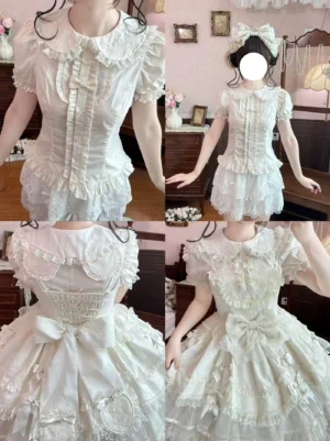 White sweet Lolita blouse with Peter Pan collar lace ruffles front and back view detail showcase