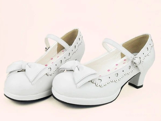 White sweet lolita bow heel shoes three-quarter side view with heart cutout trim and metal buckle