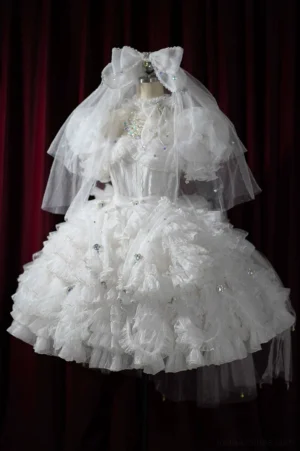 Pure white sweet Lolita bridal headdress veil set with rhinestone bow front full-body view dress form