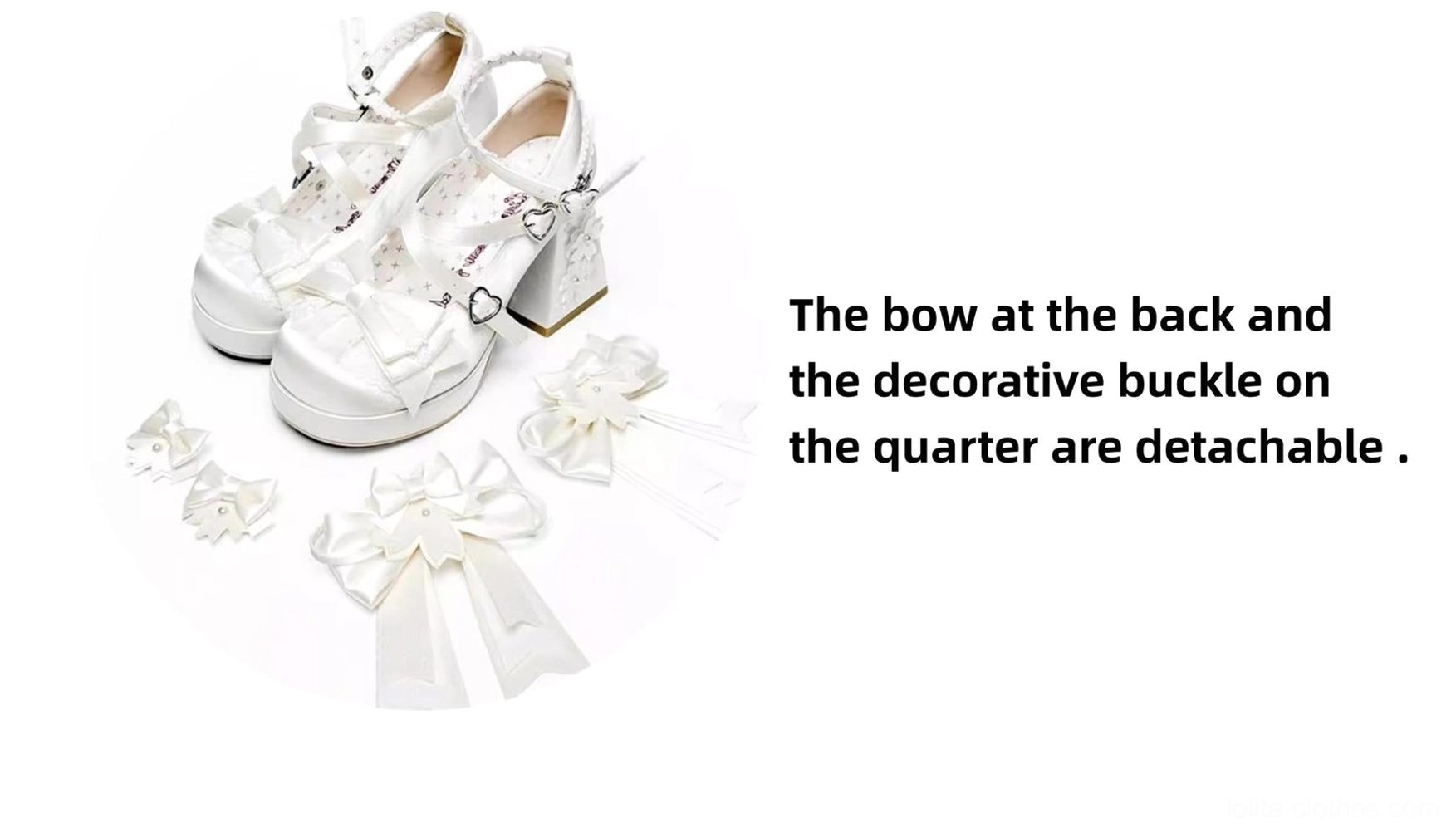White sweet lolita chunky platform heel shoes with detachable decorative bows and buckles removable accessories flat lay product display