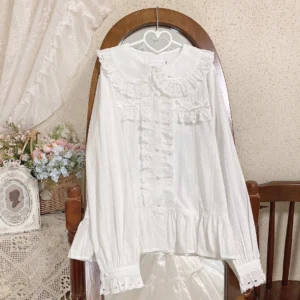 Plain white sweet lolita long-sleeve doll collar blouse with ruffled front placket and puff sleeves hanging view