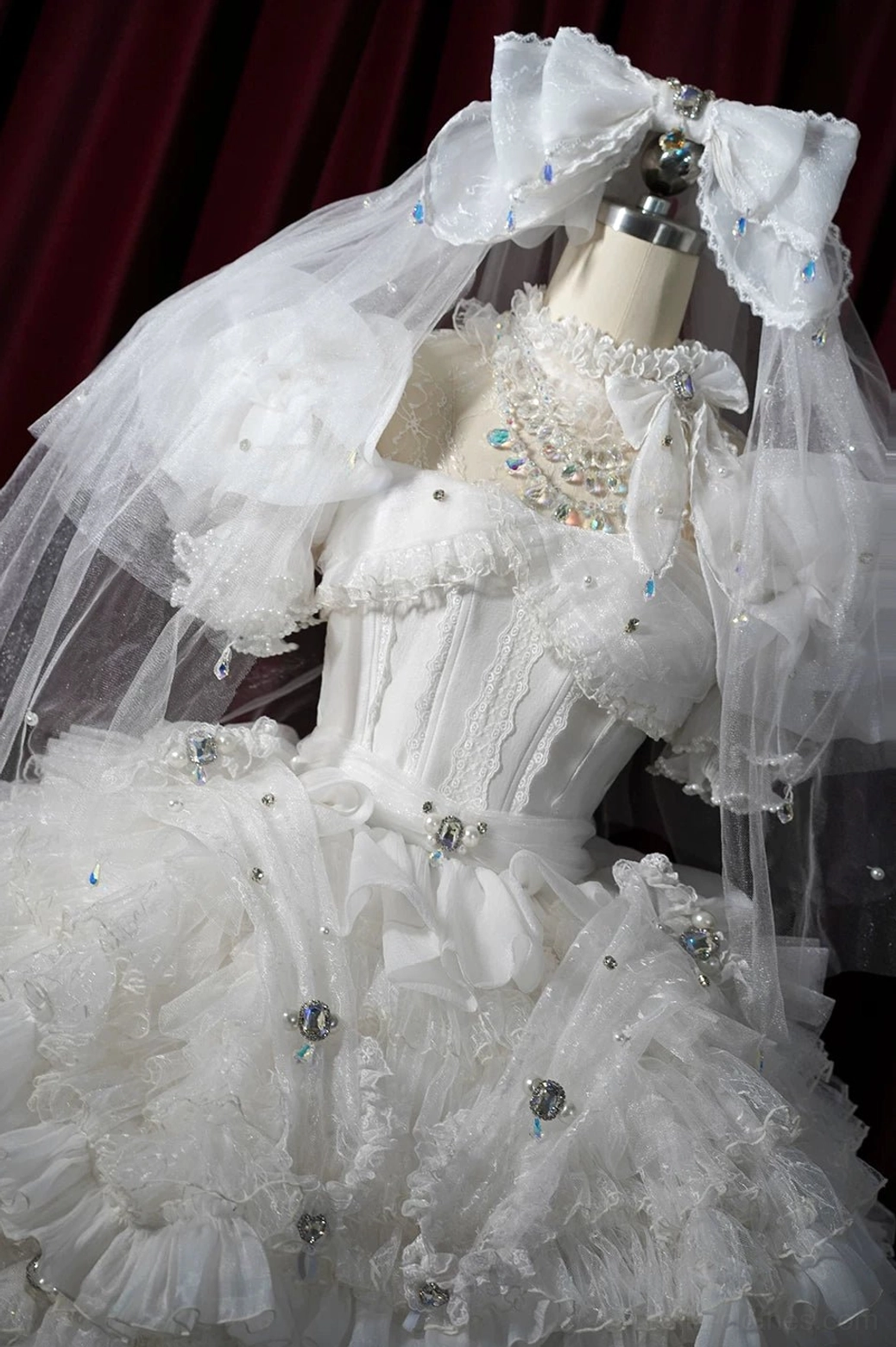 Classic white sweet Lolita wedding headdress veil set with large bow crystal gems lace bodice front closeup