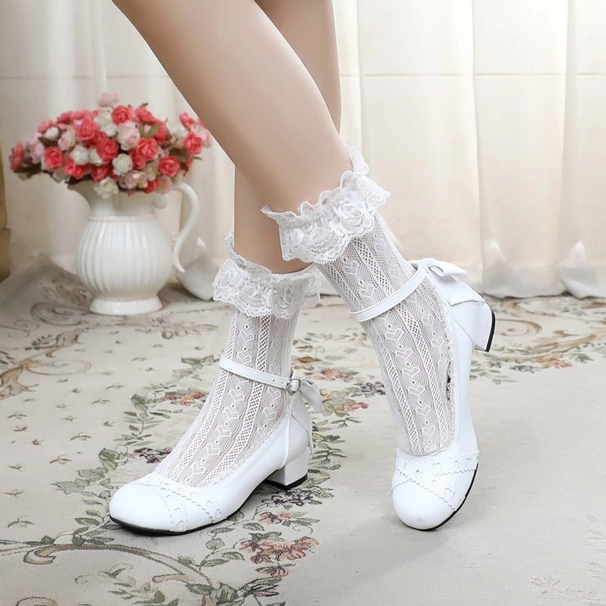 White sweet lolita Mary Jane round toe flat shoes with matching white ankle buckle strap and rear bow embellishment classic lolita styling