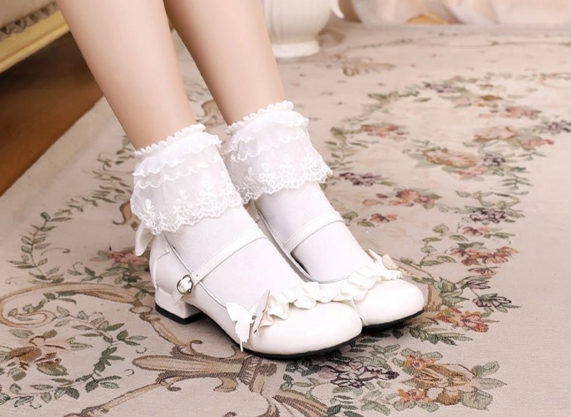 White sweet Lolita Mary Jane shoes with butterfly ruffle decorations heart buckle strap worn with lace socks vintage setting