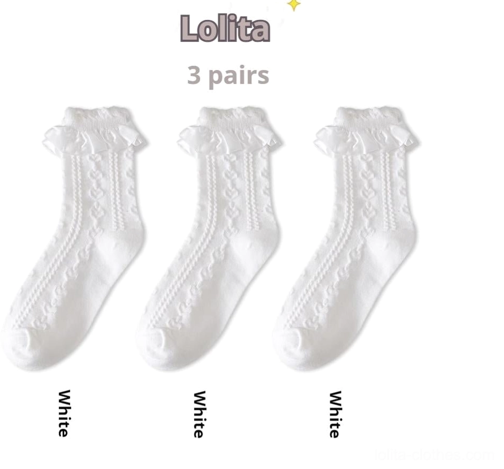 Three-pair white Sweet Lolita mid-calf socks set with twisted knit texture ruffled lace ankle cuff versatile neutral color option