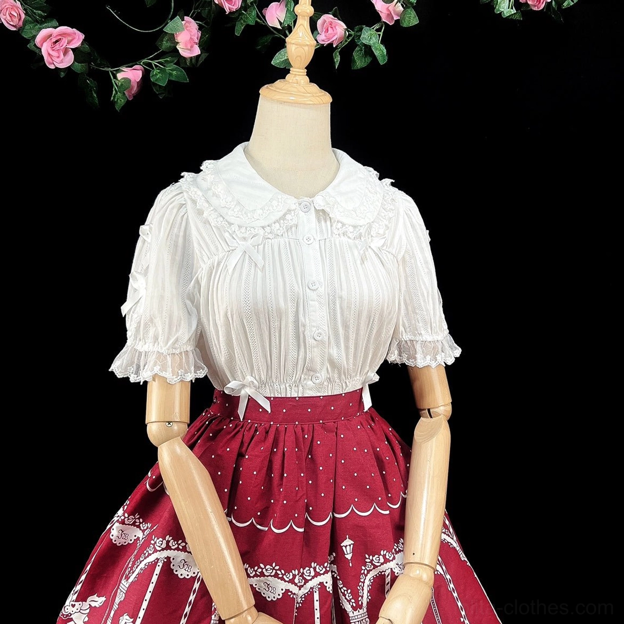 White sweet lolita peter pan collar blouse puff sleeves front button closure mannequin pink rose backdrop