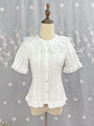 White Sweet Lolita Peter Pan collar blouse with hollow embroidered ruffled neckline front flat display view on wooden mannequin