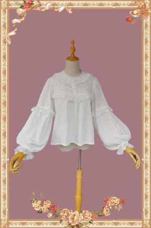 White sweet lolita peter pan collar blouse front view striped cotton fabric ruffled lace details bishop sleeves wooden dress form