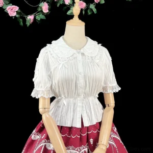 White sweet lolita peter pan collar blouse with ruffled doll collar front view mannequin display elegant puff sleeves