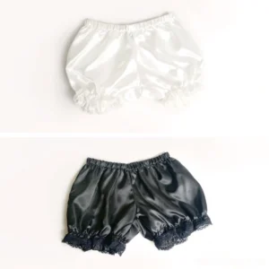 White sweet lolita puff bloomers with smooth satin finish and elasticated waistband, flat lay overhead view on white background displaying gathered silhouette and gathered hem detail characteristic of authentic Japanese lolita fashion