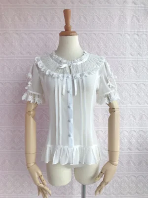 White sweet lolita puff sleeve short blouse with ruffled lace collar front view display mannequin studio shot