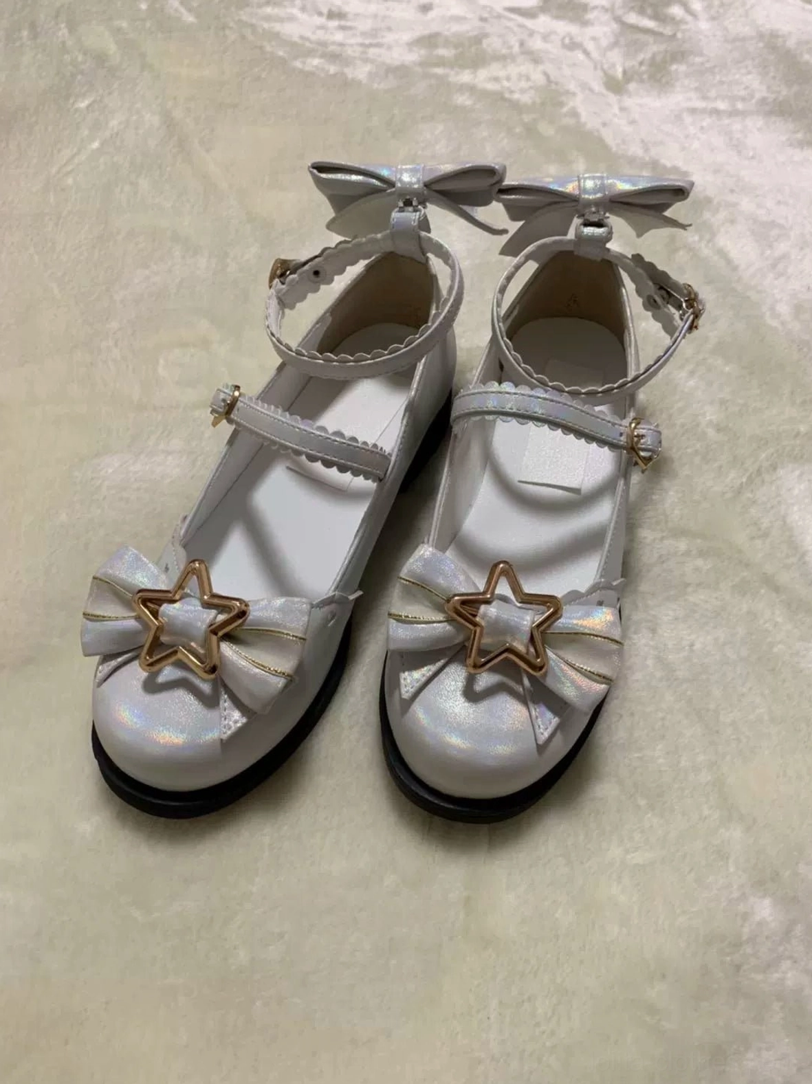White sweet lolita shoes with sun-reactive glitter finish star gold hardware double ankle straps with heart buckles rounded toe and low heel rubber sole