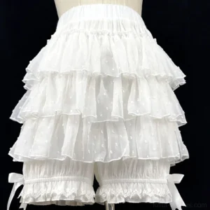 White multi-layer dotted sheer tulle lolita bloomers front flat view on dress form mannequin showing three-tier ruffles lace-trimmed leg openings and elastic waistband construction