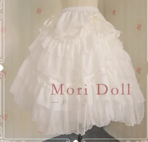 Pure white tiered ruffle lolita flounce hem skirt with layered chiffon and lace trim displayed on dress form showing full front silhouette