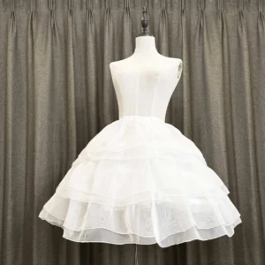 White triple-layer organza Lolita petticoat front view showing full voluminous silhouette with adjustable drawstring hems and hoop structure