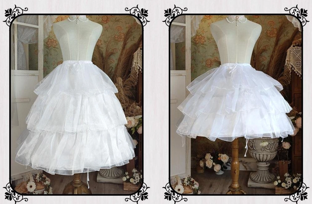 White tulle hoop petticoat long and short layers comparison mannequin display
