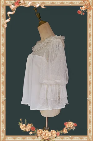 White lolita puff sleeve blouse left side profile showing layered ruffled mesh sleeves and lace neckline trim against vintage floral background